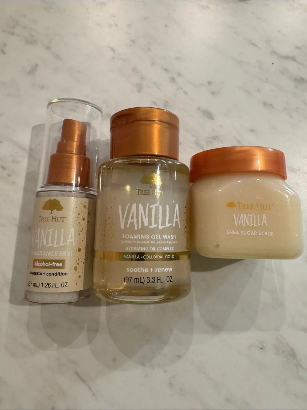 Tree Hut Vanilla Foaming Gel Wash & Shea Sugar Scrub Set — Warm Copper Accents